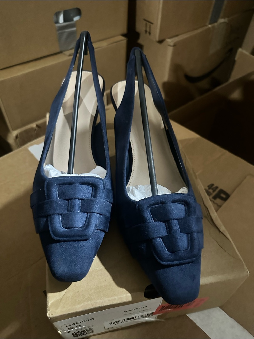 Navy Suede Slingback Heels with Decorative Buckle